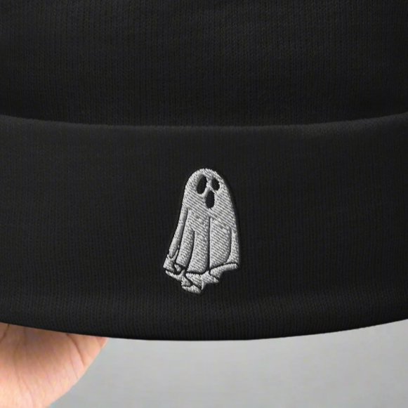  - Halloween Sheet Ghost Beanie – Snug Fit, Embroidered Ghost Design, Cozy Cotton Blend Winter Hat from Crypto Zoo Tees