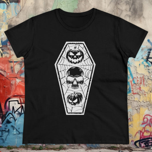 T-Shirt - Halloween Skull Jack - o - lantern Coffin | Women's T-Shirt | Cotton Ladies Tee from Crypto Zoo Tees