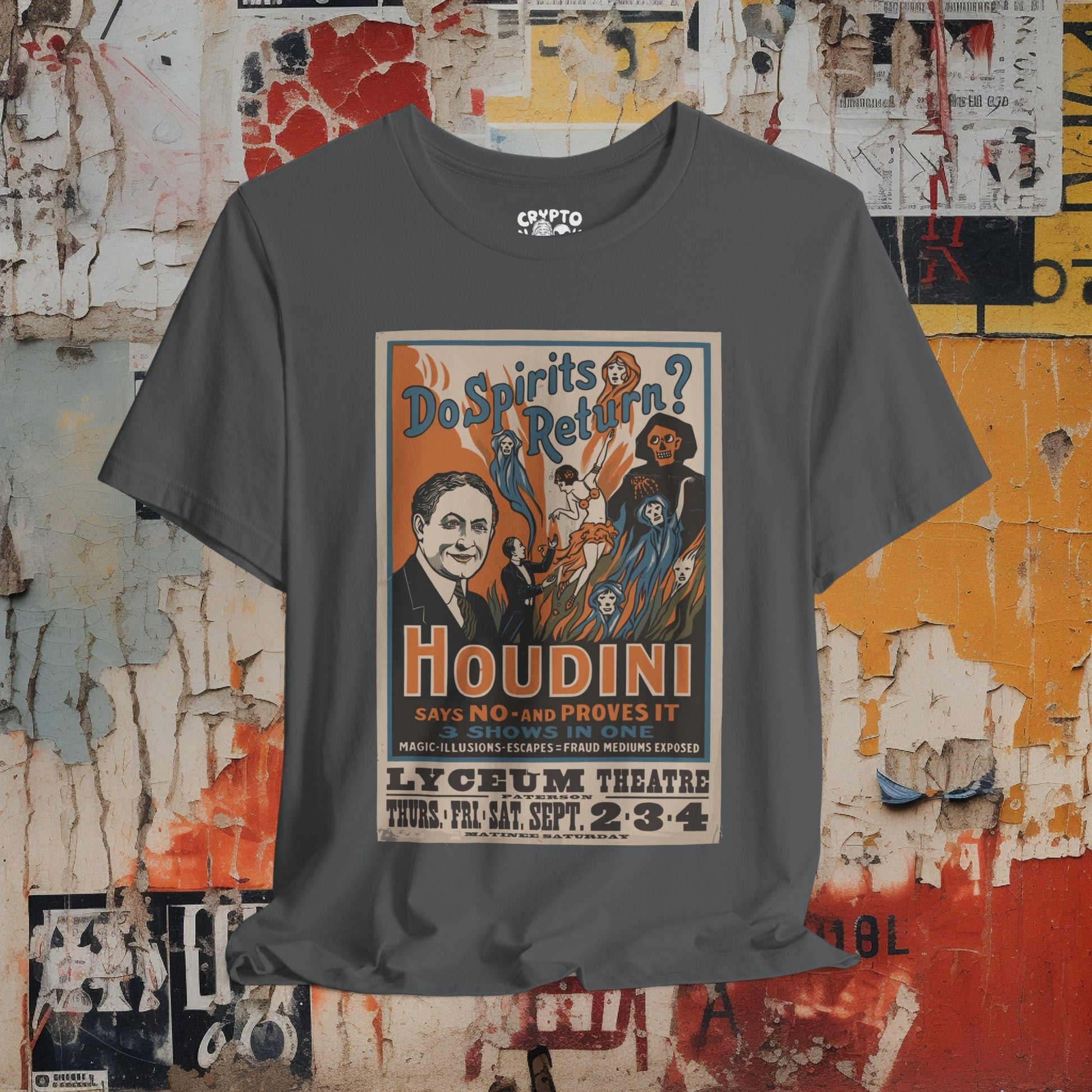 T-Shirt - Houdini - Do Spirits Return - Show Poster | Bella + Canvas Unisex T-shirt from Crypto Zoo Tees