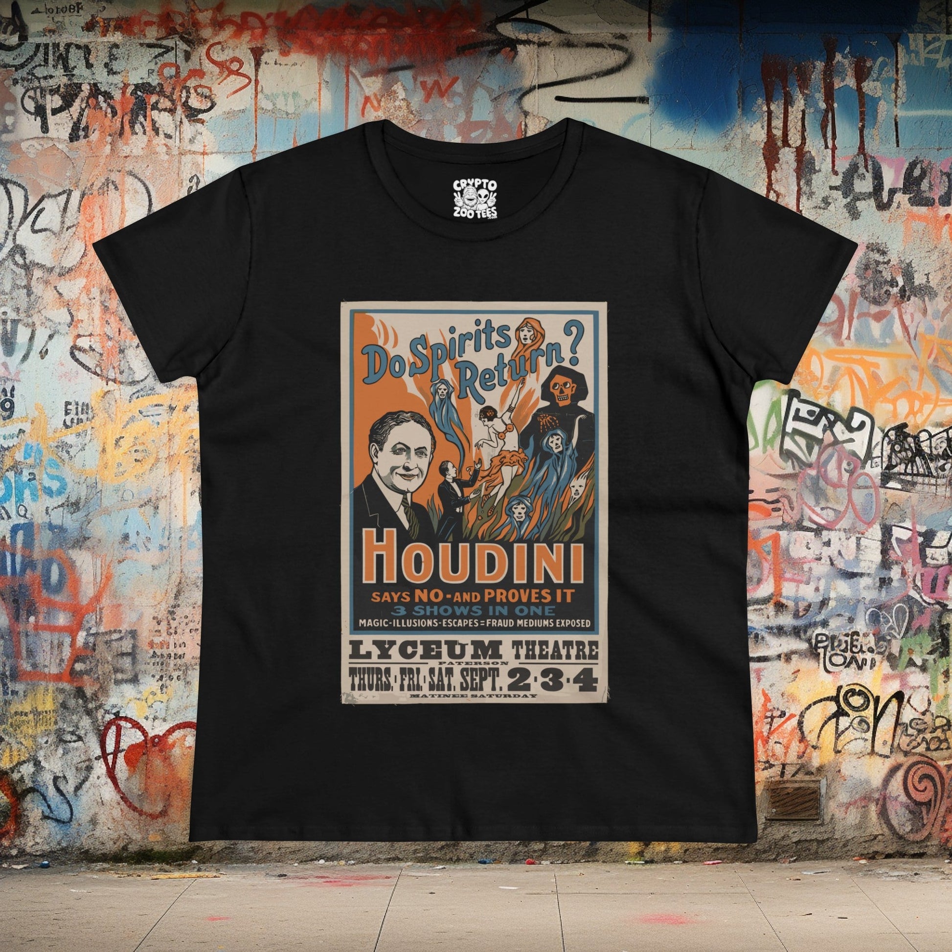 T-Shirt - Houdini - Do Spirits Return - Show Poster | Women's T-Shirt | Cotton Tee from Crypto Zoo Tees