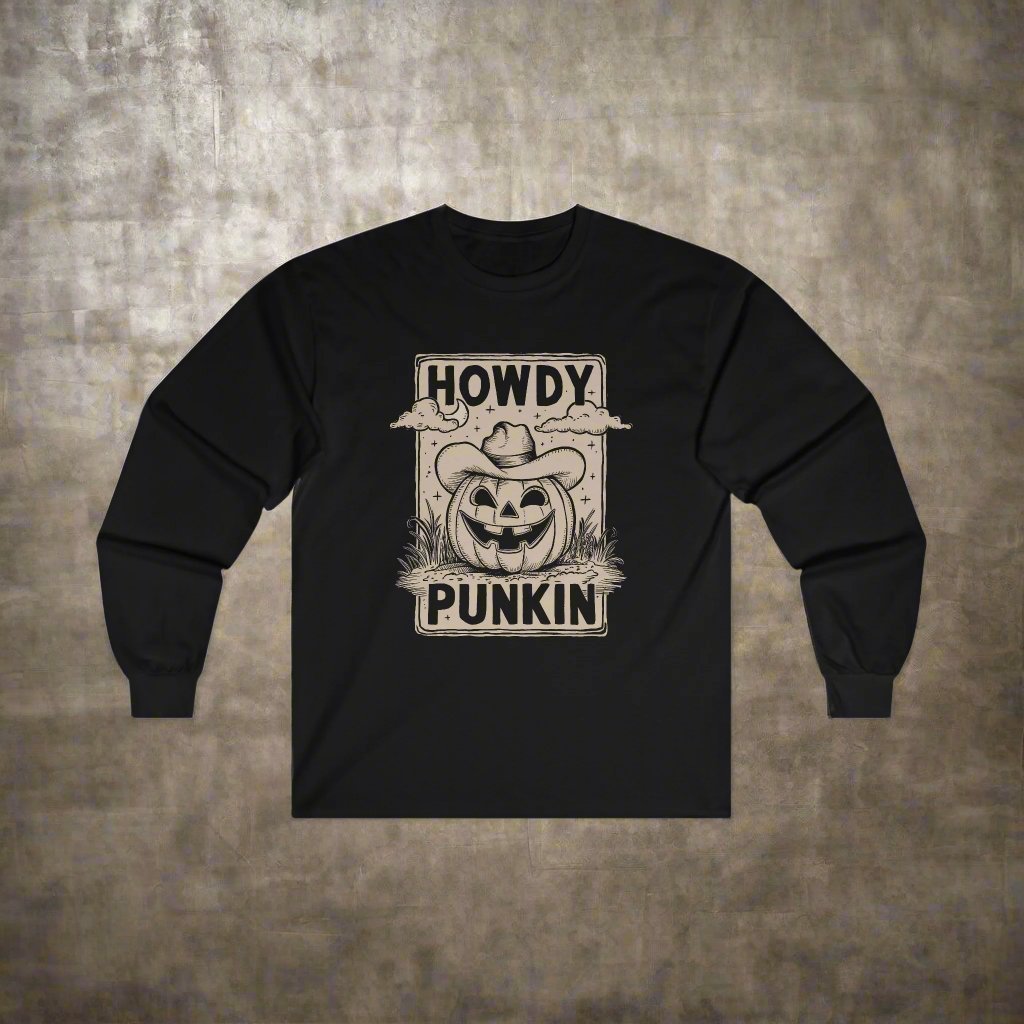 Long - sleeve - Howdy Punkin | Cowgirl Halloween Jack - o' - lantern | Long Sleeve T-shirt from Crypto Zoo Tees