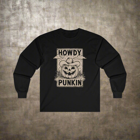 Long - sleeve - Howdy Punkin | Cowgirl Halloween Jack - o' - lantern | Long Sleeve T-shirt from Crypto Zoo Tees