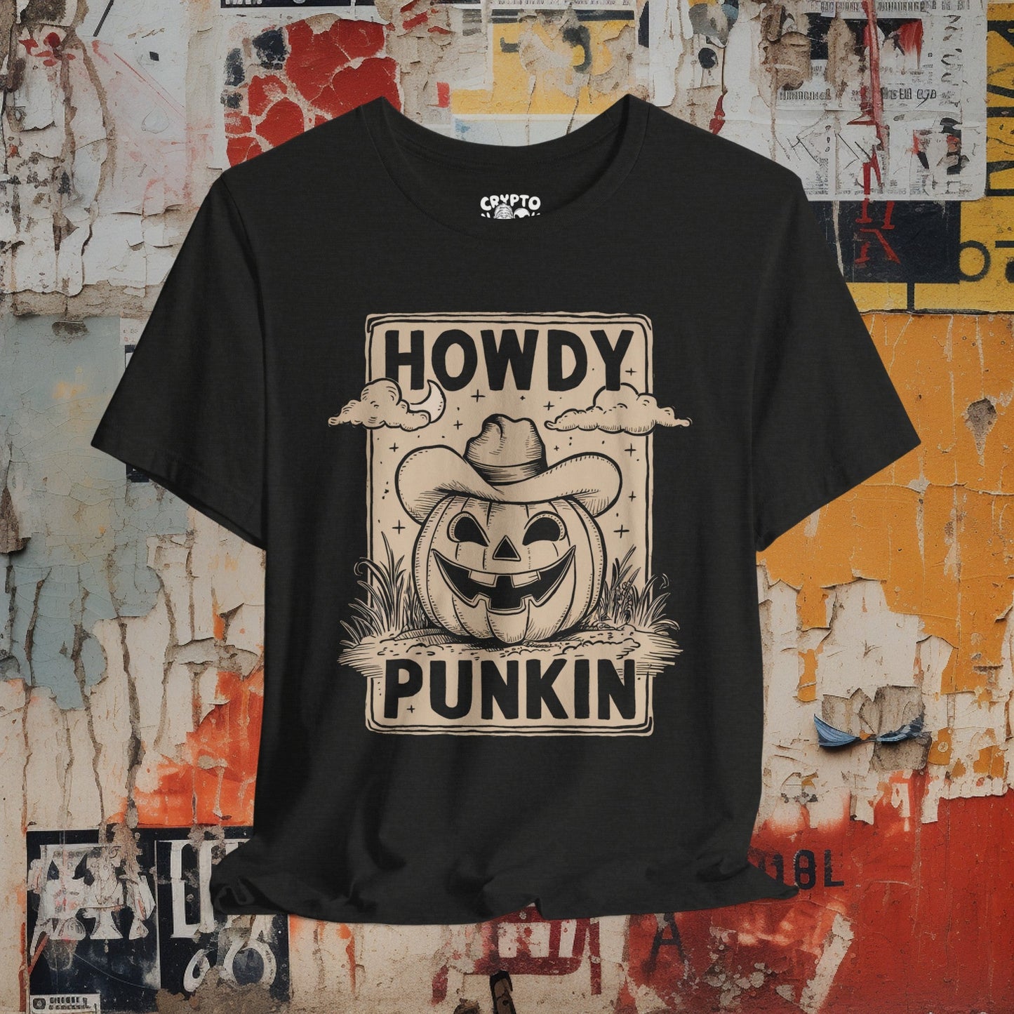 T - Shirt - Howdy Punkin Halloween Cowboy Jack - o - lantern Pumpkin | Halloween | Bella + Canvas Unisex T - shirt from Crypto Zoo Tees