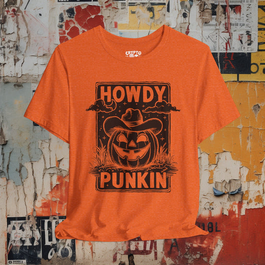 T - Shirt - Howdy Punkin Halloween Cowboy Jack - o - lantern Pumpkin | Halloween | Bella + Canvas Unisex T - shirt from Crypto Zoo Tees