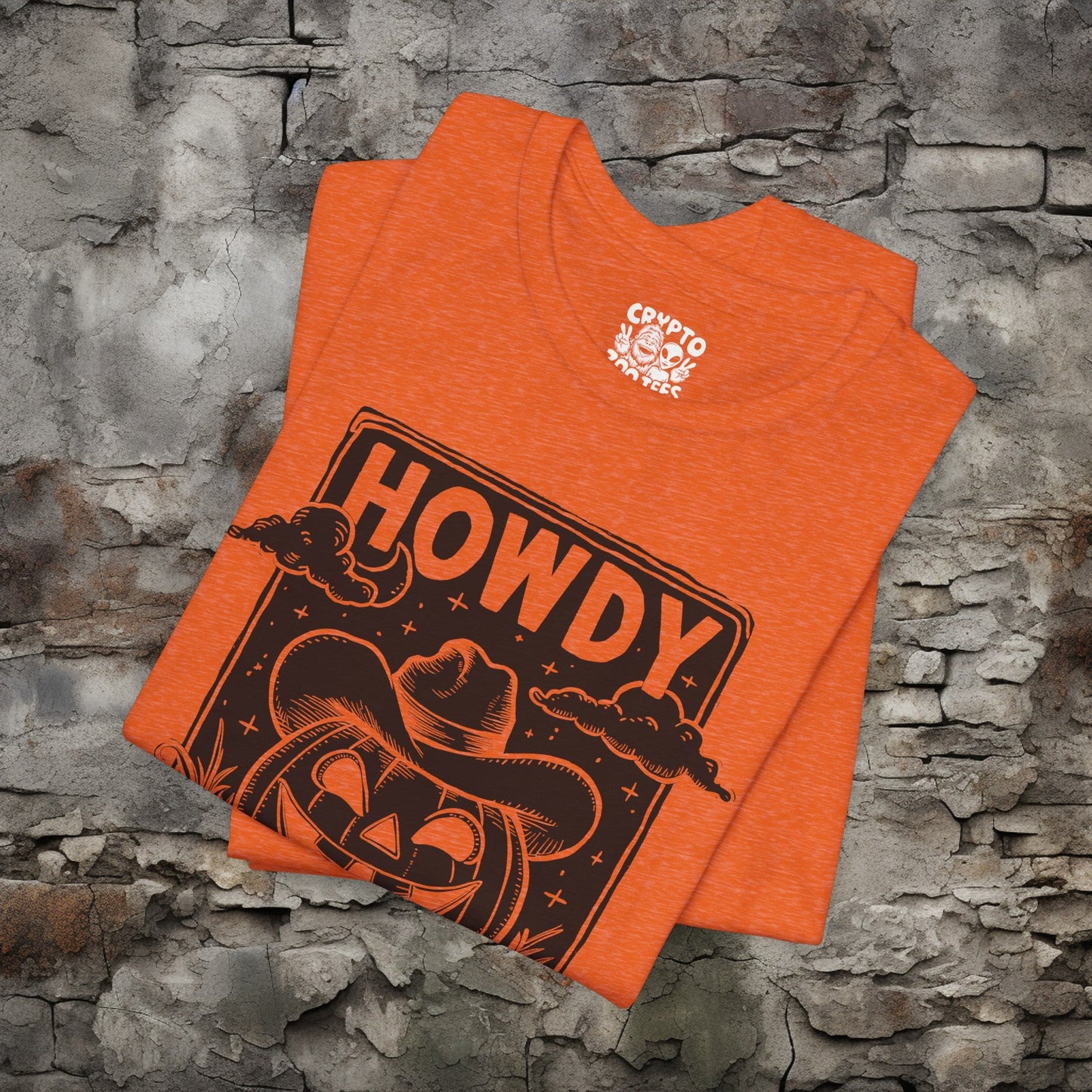 T - Shirt - Howdy Punkin Halloween Cowboy Jack - o - lantern Pumpkin | Halloween | Bella + Canvas Unisex T - shirt from Crypto Zoo Tees