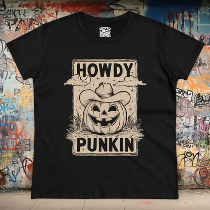 T - Shirt - Howdy Punkin Halloween Cowboy Jack - o - lantern Pumpkin | Halloween | Women's T - Shirt | Cotton Tee from Crypto Zoo Tees