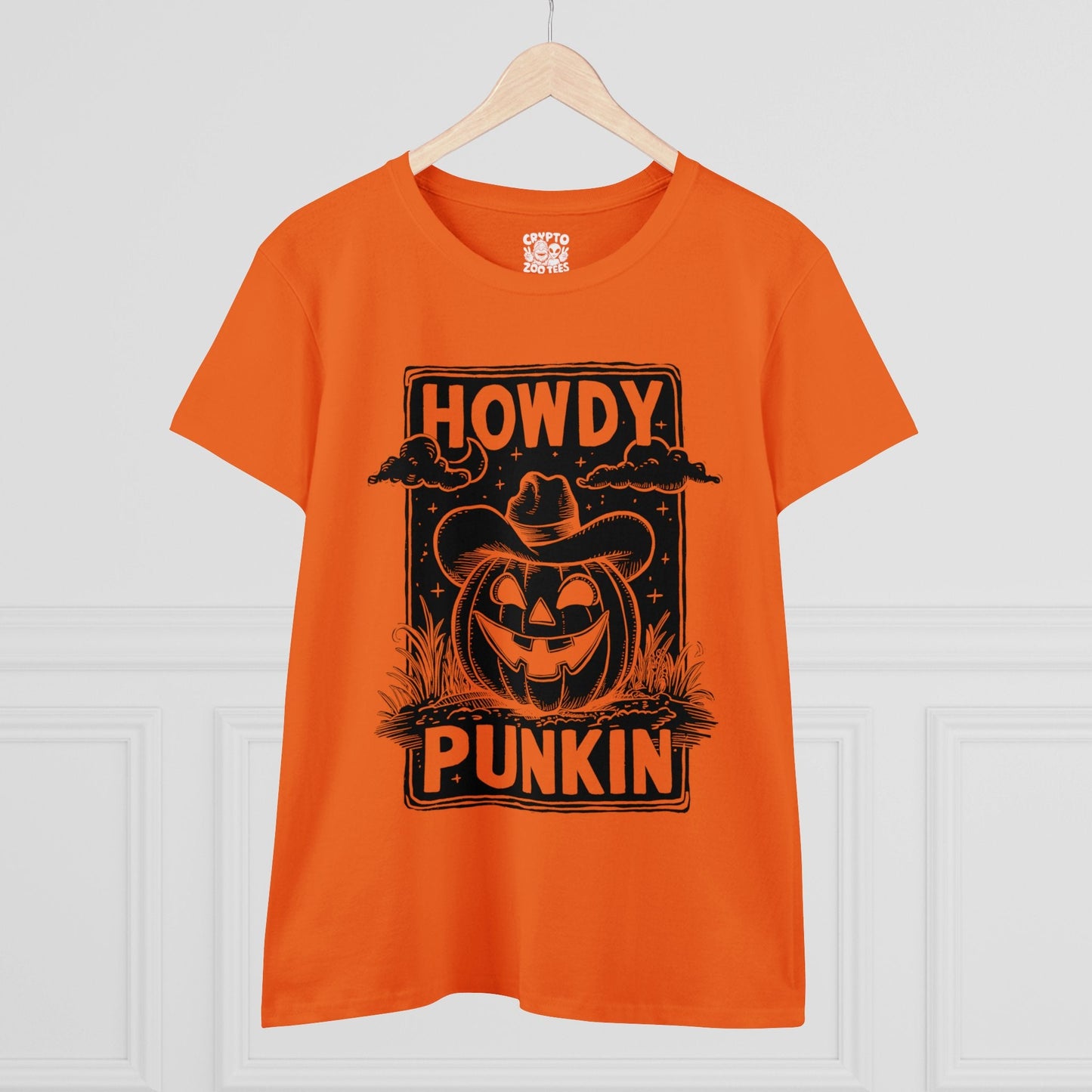 T - Shirt - Howdy Punkin Halloween Cowboy Jack - o - lantern Pumpkin | Halloween | Women's T - Shirt | Cotton Tee from Crypto Zoo Tees