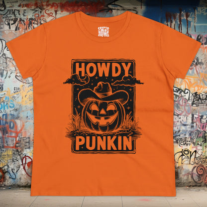 T - Shirt - Howdy Punkin Halloween Cowboy Jack - o - lantern Pumpkin | Halloween | Women's T - Shirt | Cotton Tee from Crypto Zoo Tees