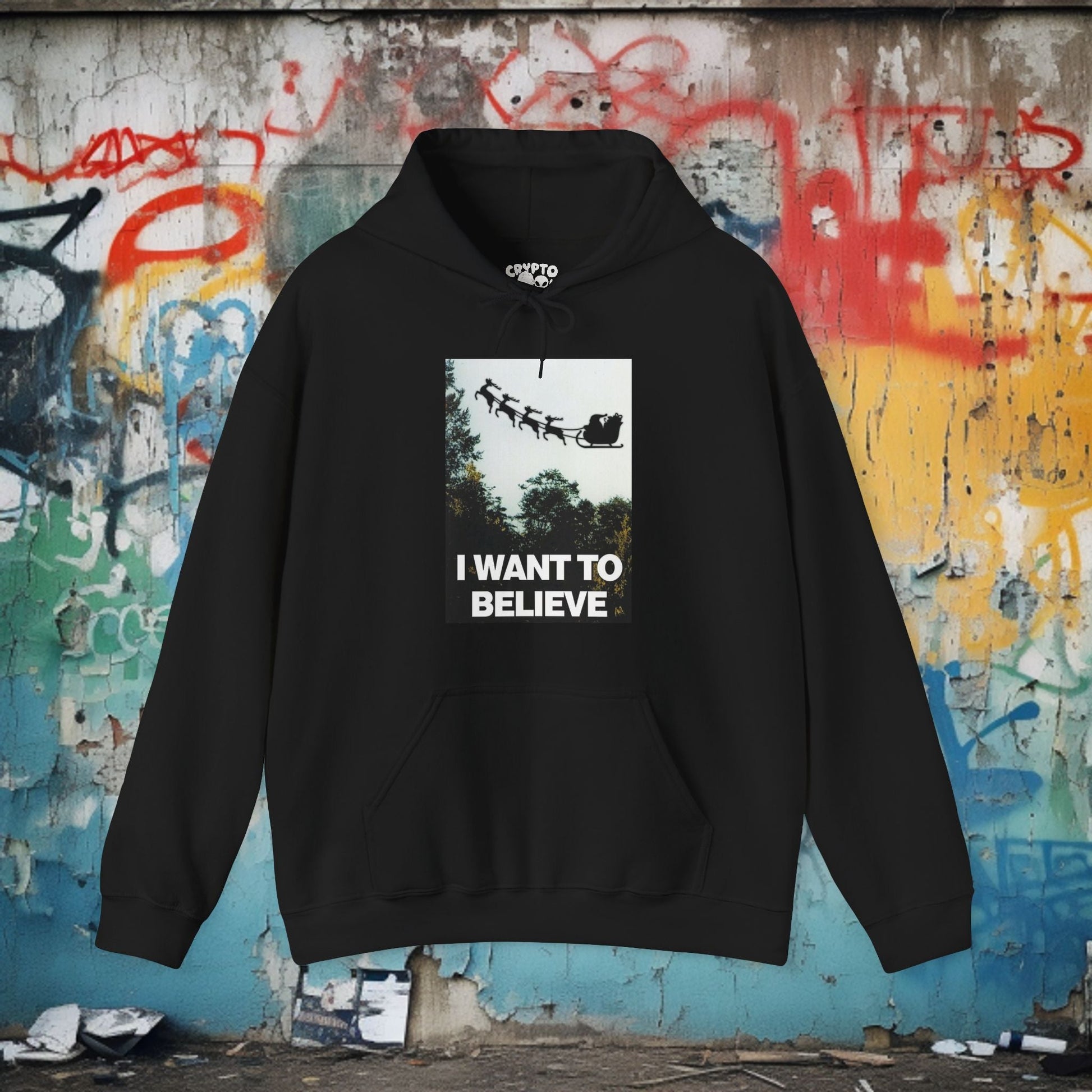 Hoodie - I WANT TO BELIEVE (IN SANTA) X - FILES PARODY | Pullover Hoodie from Crypto Zoo Tees