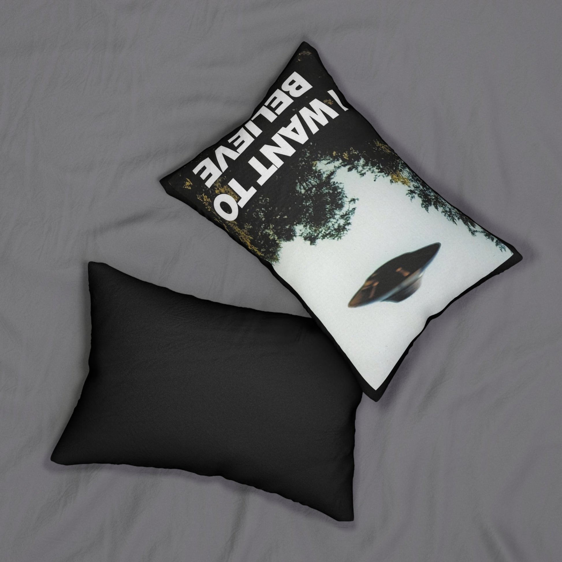 Home Decor - I WANT TO BELIEVE PILLOW | X - Files Decor | Sci - Fi Alien | Spun Polyester Lumbar Pillow | Pillow Included! from Crypto Zoo Tees