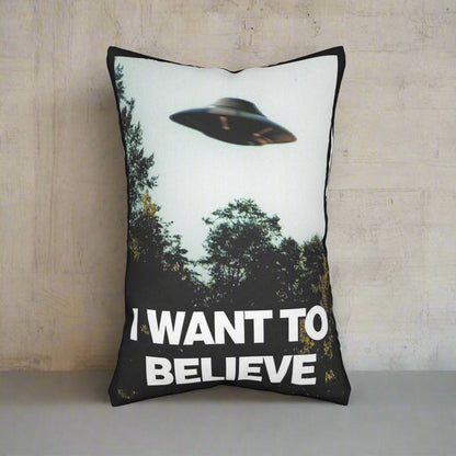 Home Decor - I WANT TO BELIEVE PILLOW | X - Files Decor | Sci - Fi Alien | Spun Polyester Lumbar Pillow | Pillow Included! from Crypto Zoo Tees