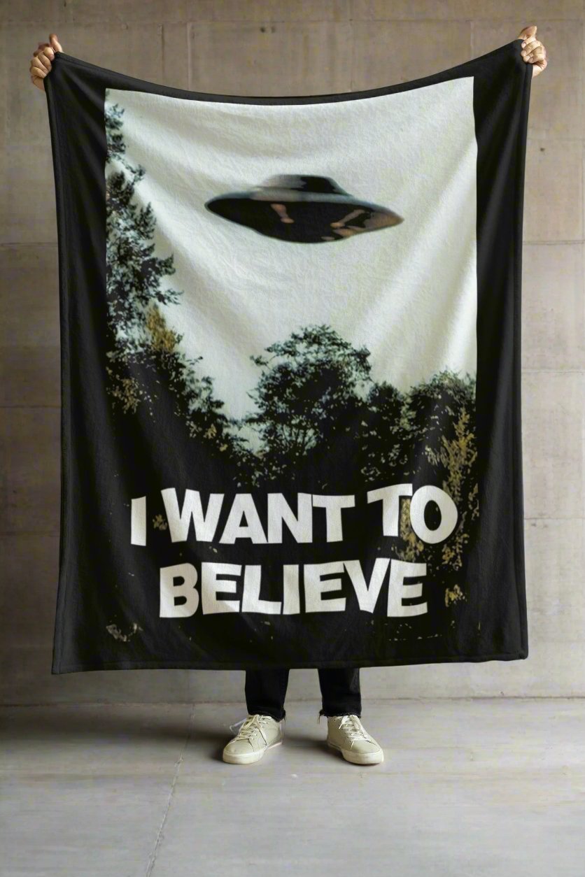 All Over Prints - I Want to Believe UFO Blanket - Soft and Cozy Velveteen Throw from Crypto Zoo Tees