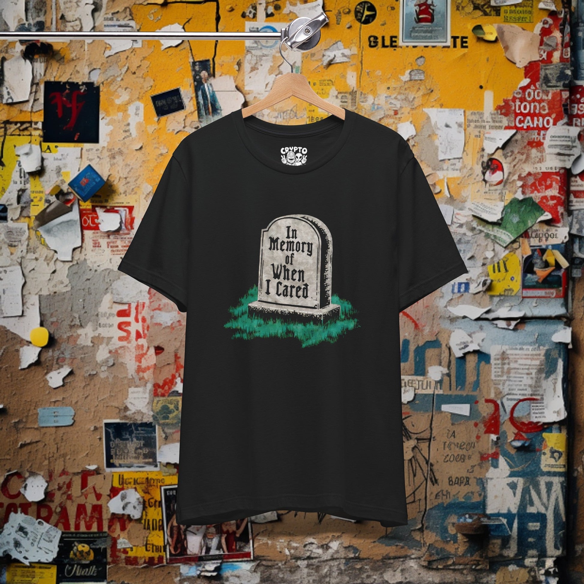 T - Shirt - In Memory of When I Still Cared Gravestone | Horror, Humor | Bella + Canvas Unisex T - shirt from Crypto Zoo Tees