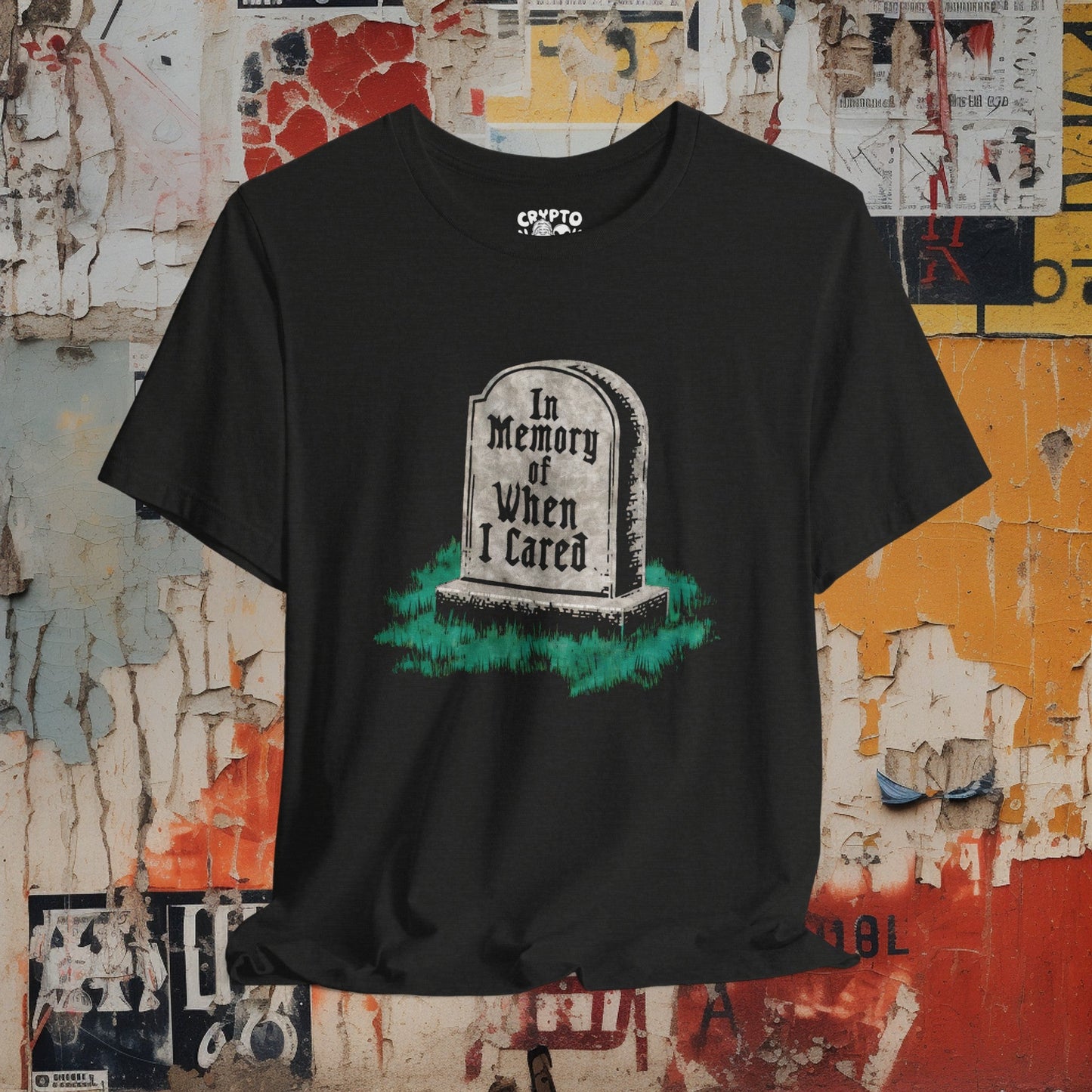 T - Shirt - In Memory of When I Still Cared Gravestone | Horror, Humor | Bella + Canvas Unisex T - shirt from Crypto Zoo Tees