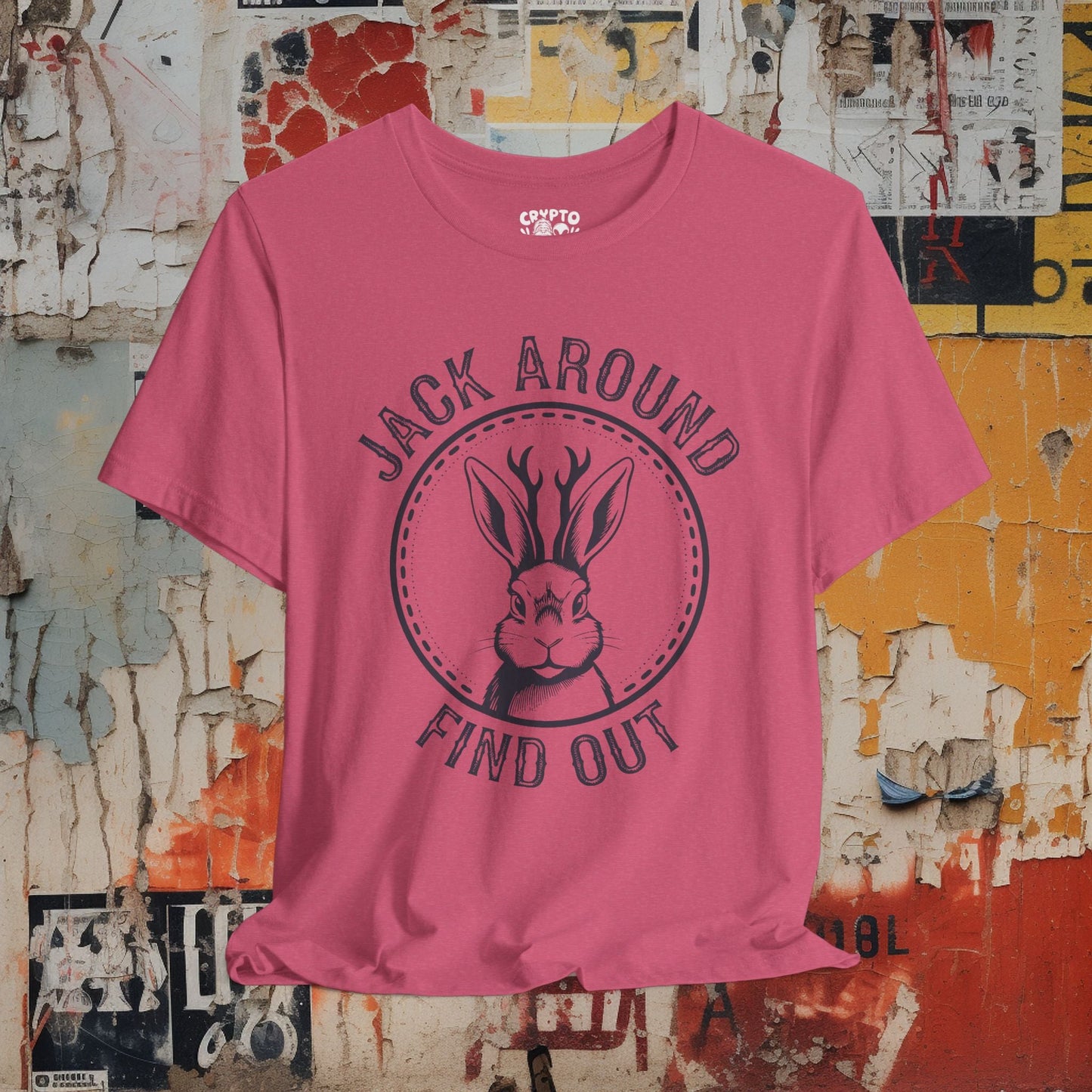 T-Shirt - JACK AROUND find out Tee, Retro Graphic Shirt, Funny Quirky T-Shirt, Unique Unisex Apparel, Chicken Tee, Edgy Nostalgic Shirt from Crypto Zoo Tees