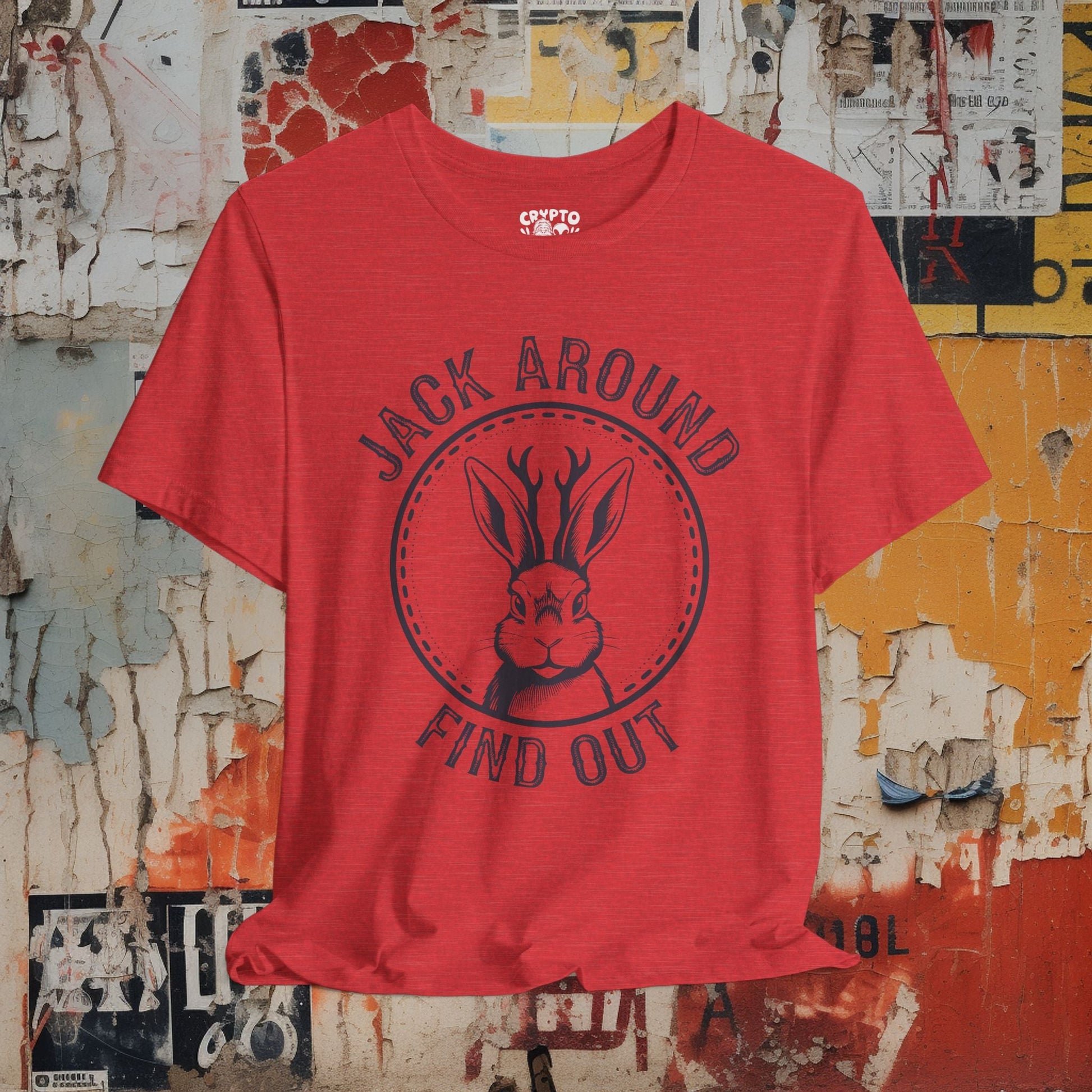 T-Shirt - JACK AROUND find out Tee, Retro Graphic Shirt, Funny Quirky T-Shirt, Unique Unisex Apparel, Chicken Tee, Edgy Nostalgic Shirt from Crypto Zoo Tees