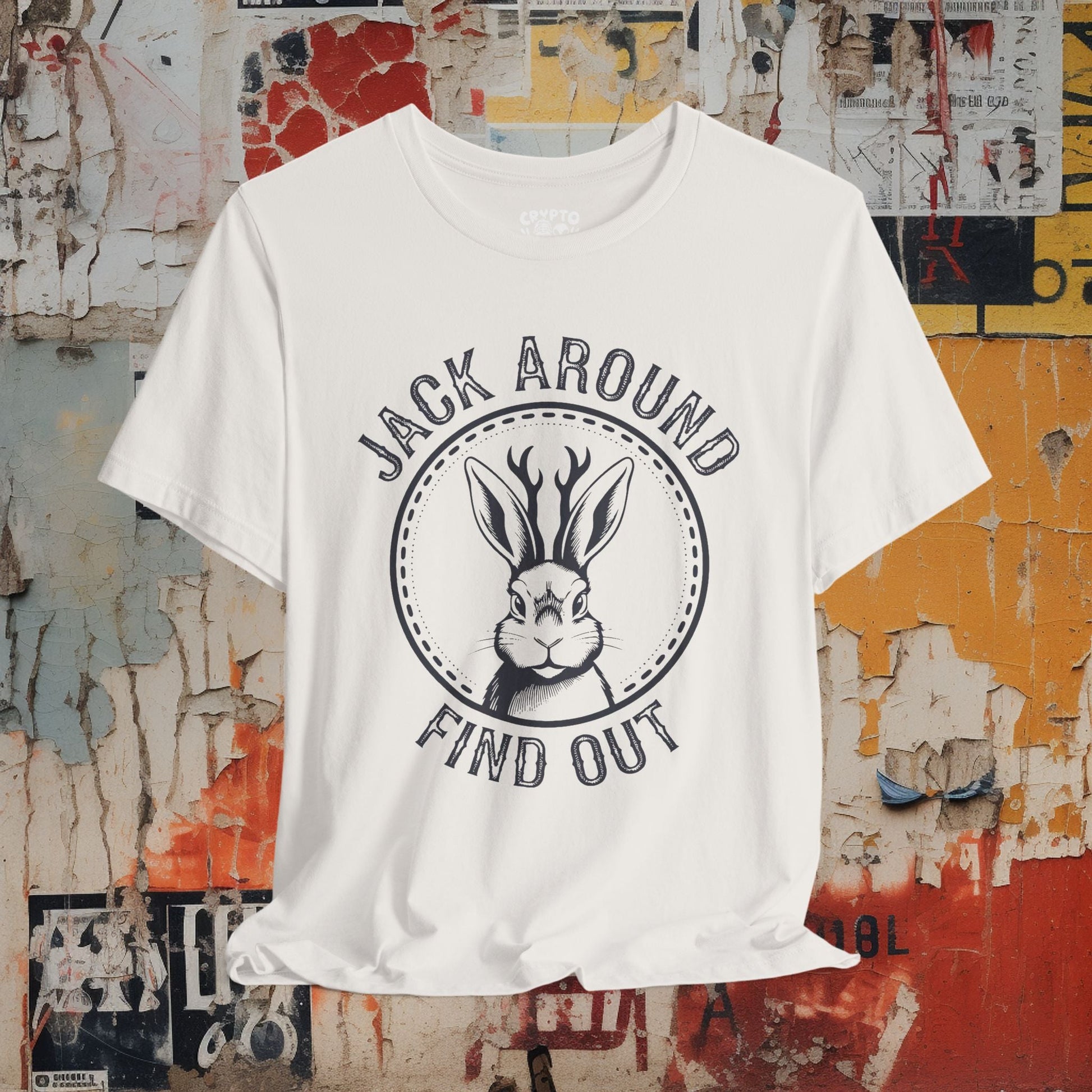 T-Shirt - JACK AROUND find out Tee, Retro Graphic Shirt, Funny Quirky T-Shirt, Unique Unisex Apparel, Chicken Tee, Edgy Nostalgic Shirt from Crypto Zoo Tees