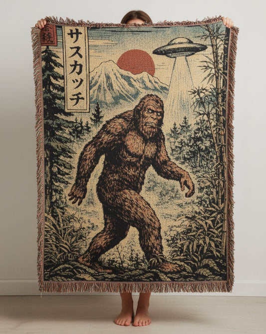 Home Decor - Japanese Bigfoot UFO Blanket | Woven Throw | Alien & UFO, Cryptids from Crypto Zoo Tees