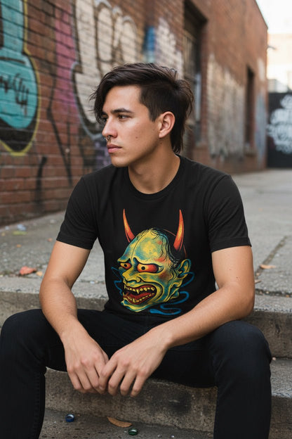 T-Shirt - Japanese Oni Mask Shirt | Light Fitted - Unisex Bella+Canvas 3001 | Art & Artists, Horror | Goth/Gothic, Punk from Crypto Zoo Tees