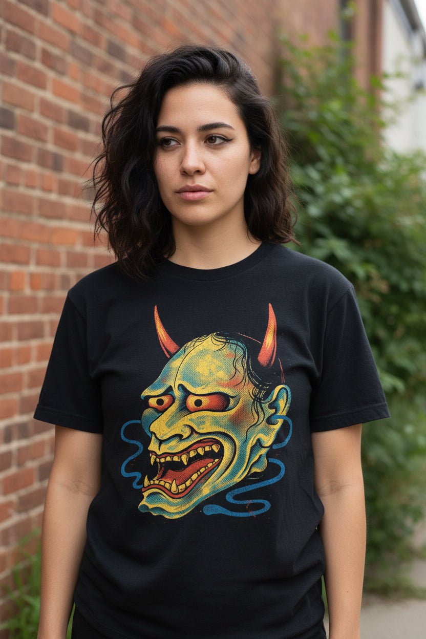 T-Shirt - Japanese Oni Mask Shirt | Light Fitted - Unisex Bella+Canvas 3001 | Art & Artists, Horror | Goth/Gothic, Punk from Crypto Zoo Tees