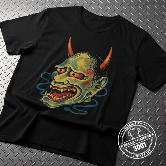 T-Shirt - Japanese Oni Mask Shirt | Light Fitted - Unisex Bella+Canvas 3001 | Art & Artists, Horror | Goth/Gothic, Punk from Crypto Zoo Tees