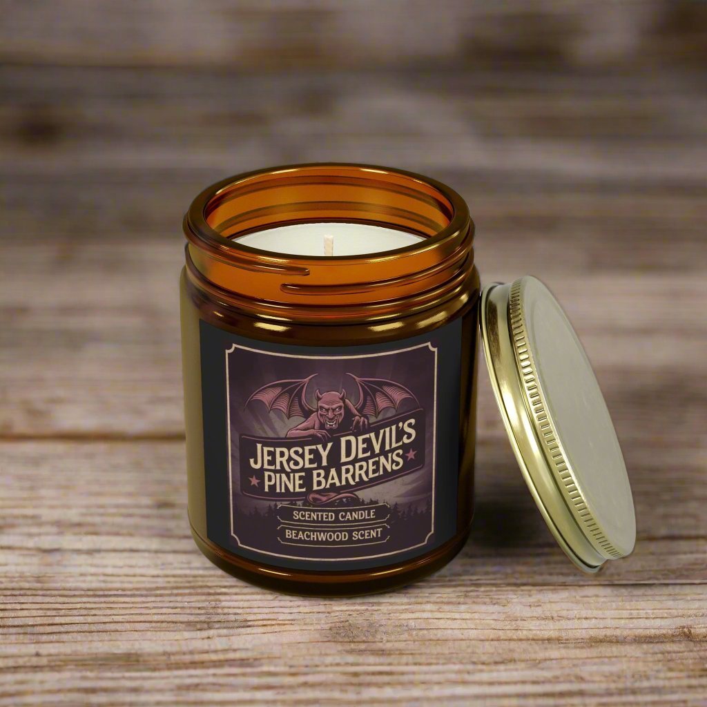 Home Decor - Jersey Devil's Pine Barrens Candle - Beachwood Scented Cryptid Candle from Crypto Zoo Tees