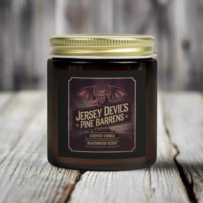 Home Decor - Jersey Devil's Pine Barrens Candle - Beachwood Scented Cryptid Candle from Crypto Zoo Tees