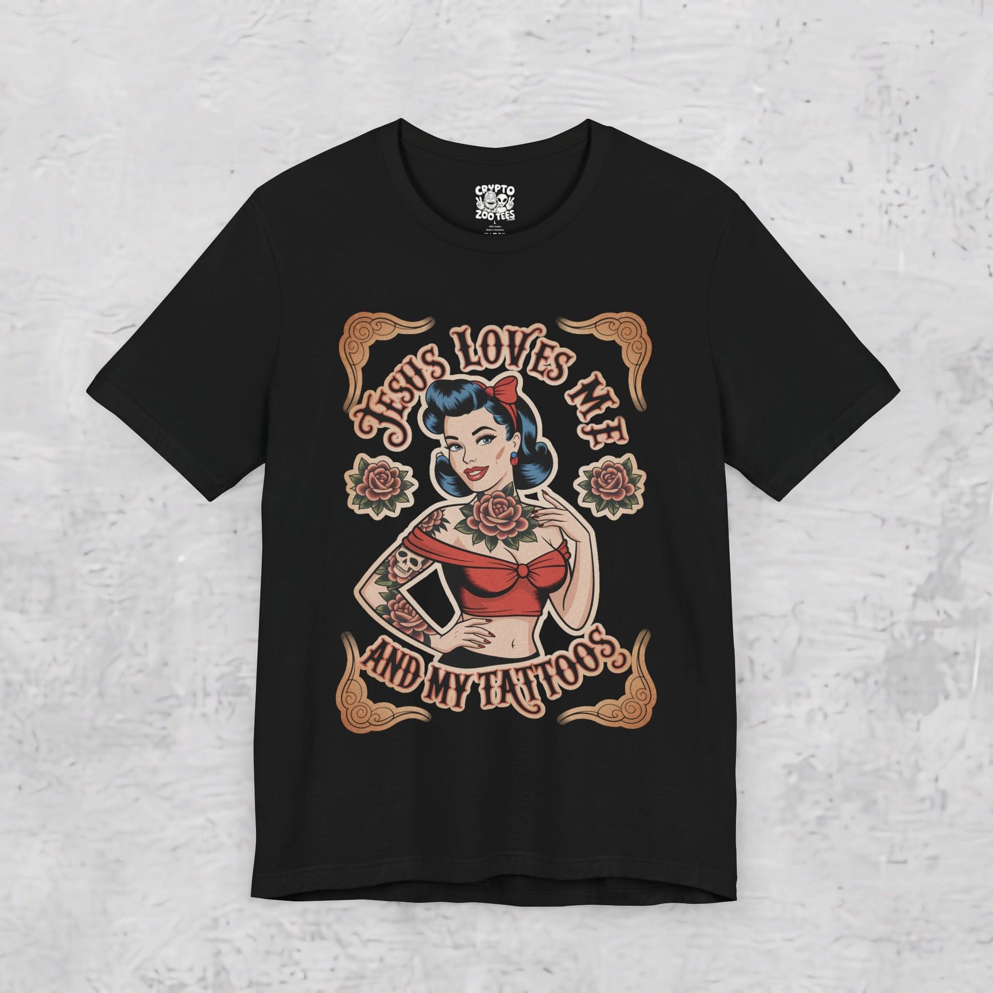 T-Shirt - Jesus Loves Me & My Tattoos | Unisex T-shirt | Spiritual | Rockabilly, Pinup from Crypto Zoo Tees