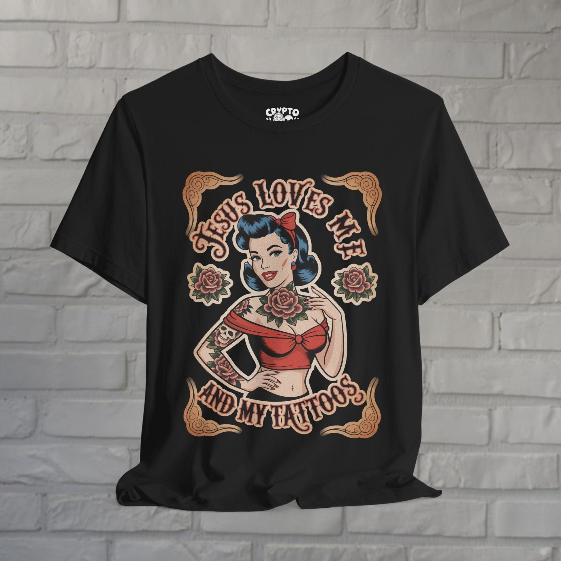 T-Shirt - Jesus Loves Me & My Tattoos | Unisex T-shirt | Spiritual | Rockabilly, Pinup from Crypto Zoo Tees