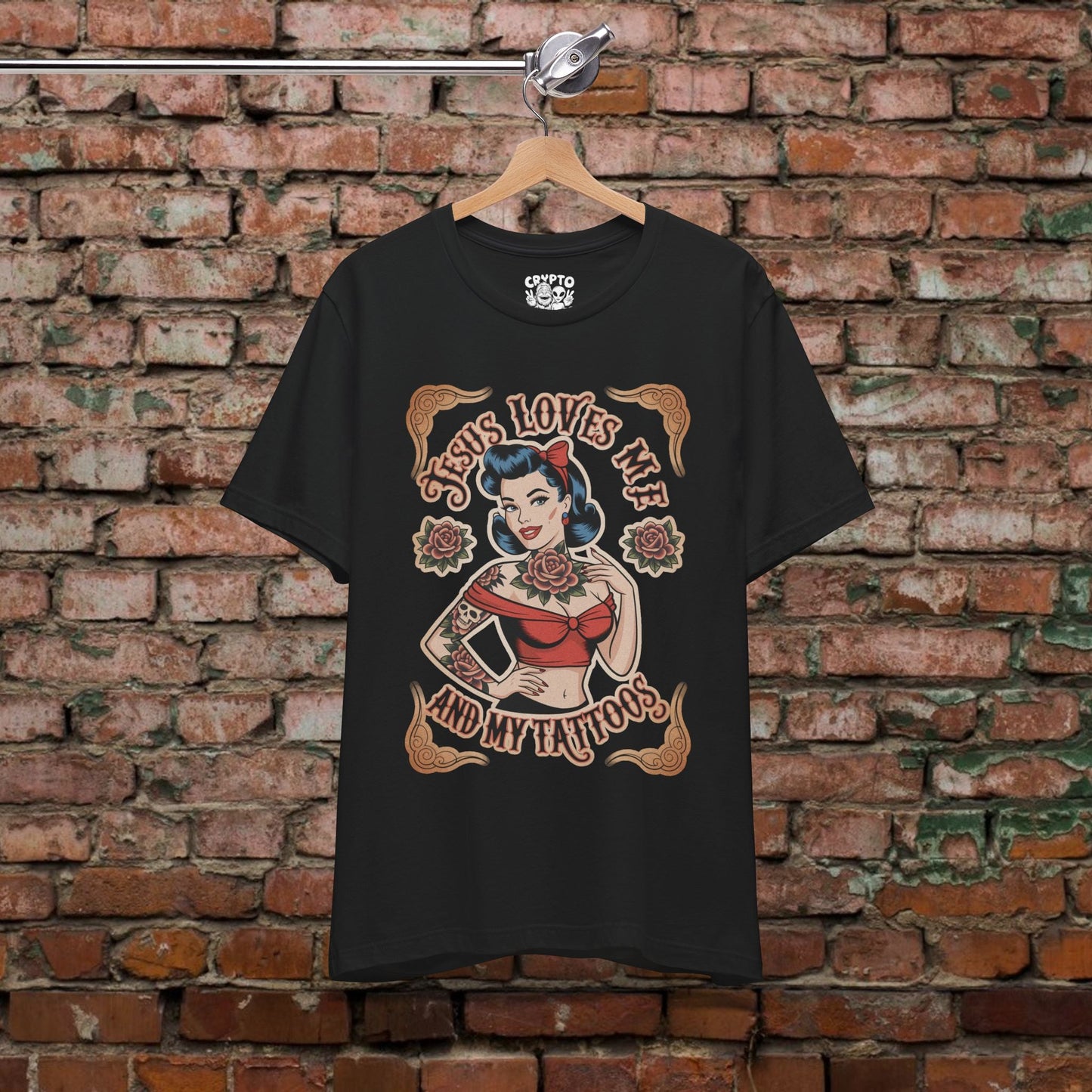 T-Shirt - Jesus Loves Me & My Tattoos | Unisex T-shirt | Spiritual | Rockabilly, Pinup from Crypto Zoo Tees