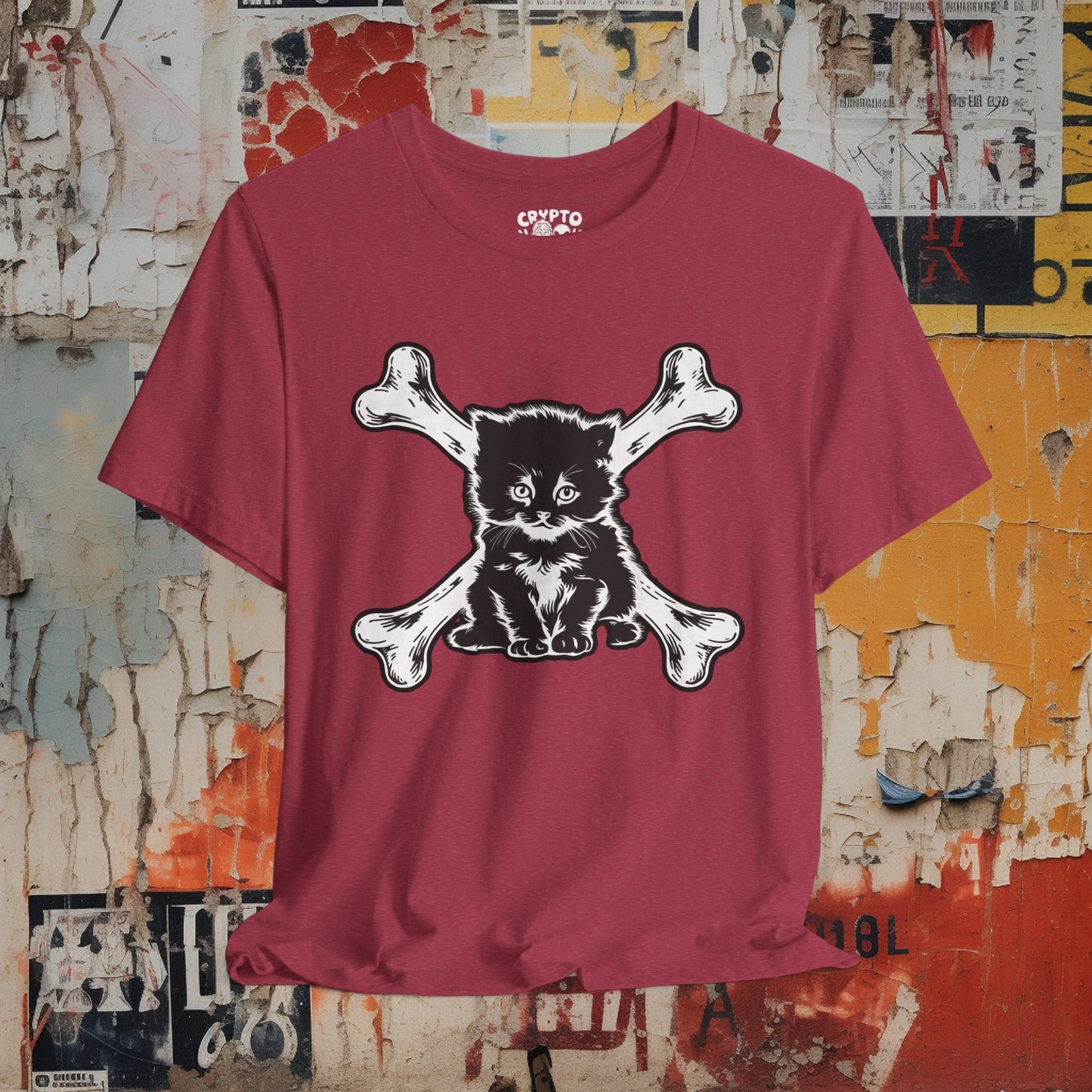 T-Shirt - Kitten and Crossbones Punk Cat Love Tee | Bella + Canvas Unisex T-shirt from Crypto Zoo Tees