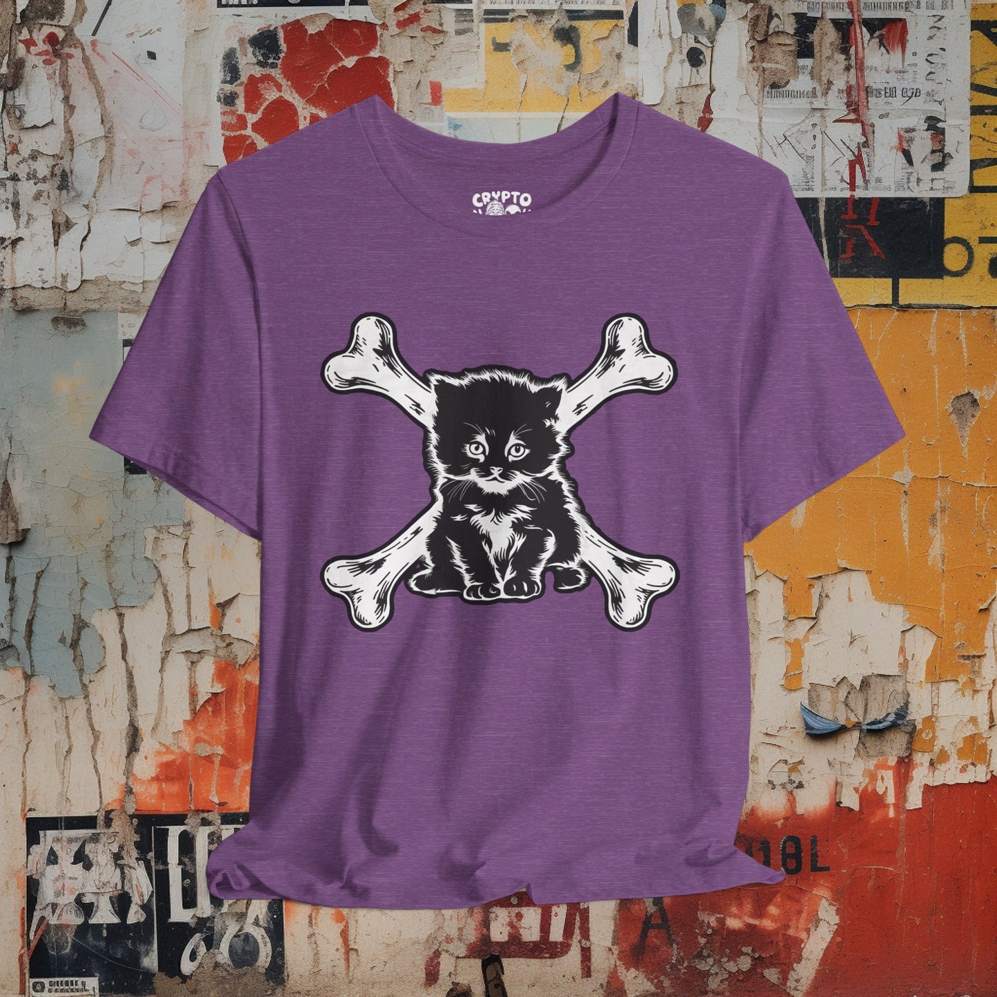 T-Shirt - Kitten and Crossbones Punk Cat Love Tee | Bella + Canvas Unisex T-shirt from Crypto Zoo Tees