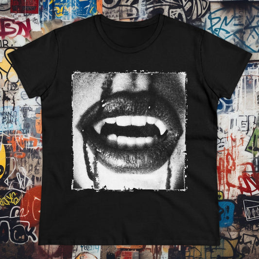 T-Shirt - Lipstick Vampire Teeth | Women's T-Shirt | Cotton Ladies Tee from Crypto Zoo Tees