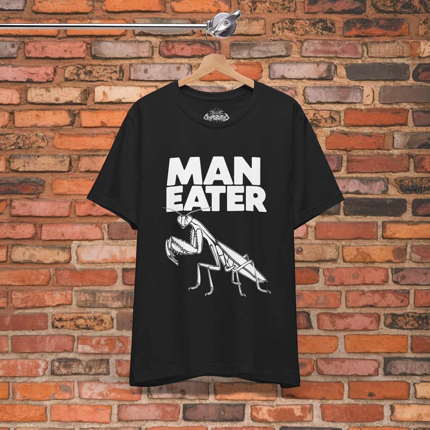 T-Shirt - MAN EATER Praying Mantis Tee | Unisex T-shirt | Funny, Punk, Grrrl Power | Goth/Gothic from Crypto Zoo Tees