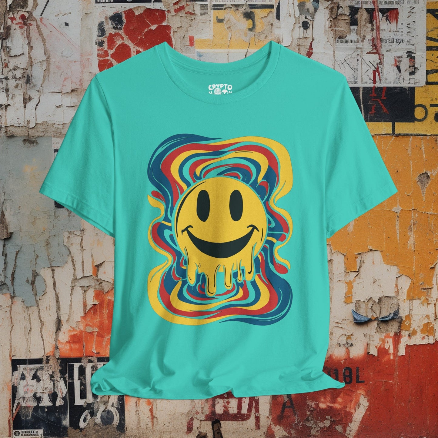 T-Shirt - Melting Psychedelic Rainbow Smiley Face | Bella+ Canvas T-shirt | Retro Tee from Crypto Zoo Tees