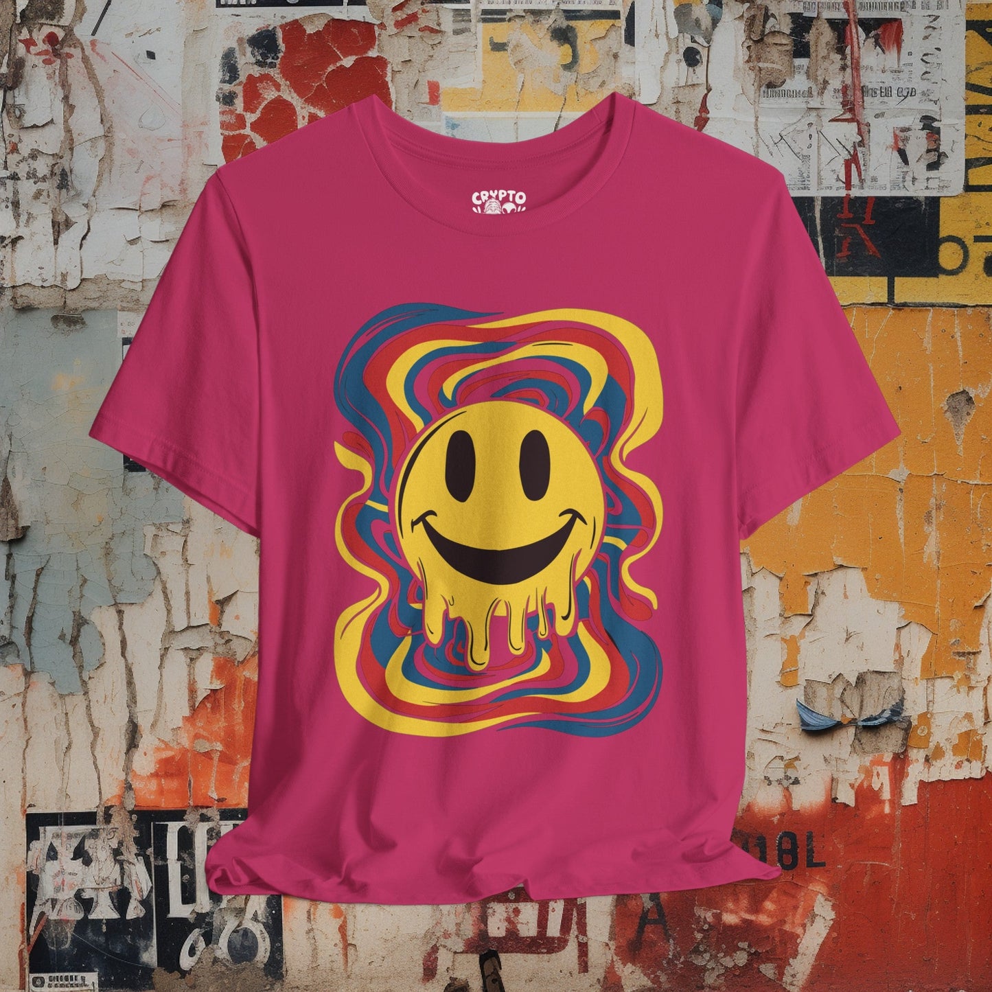 T-Shirt - Melting Psychedelic Rainbow Smiley Face | Bella+ Canvas T-shirt | Retro Tee from Crypto Zoo Tees