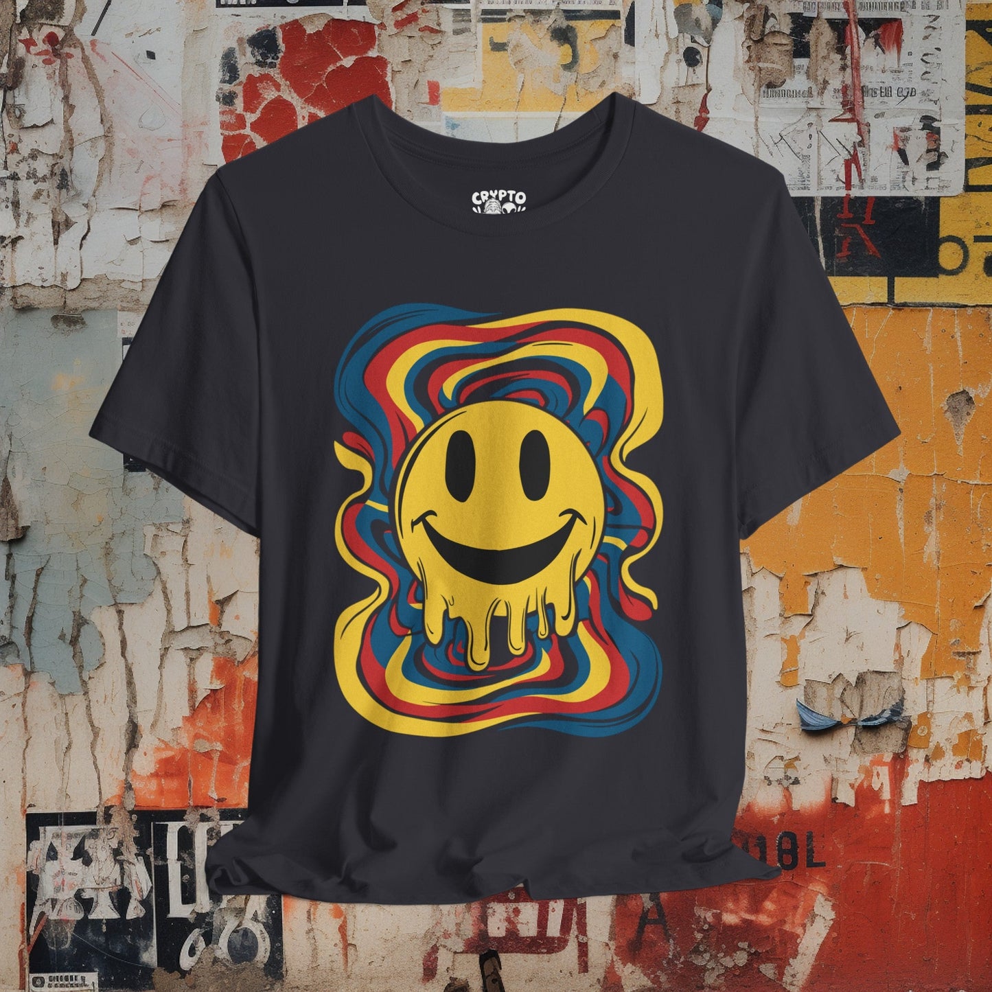 T-Shirt - Melting Psychedelic Rainbow Smiley Face | Bella+ Canvas T-shirt | Retro Tee from Crypto Zoo Tees