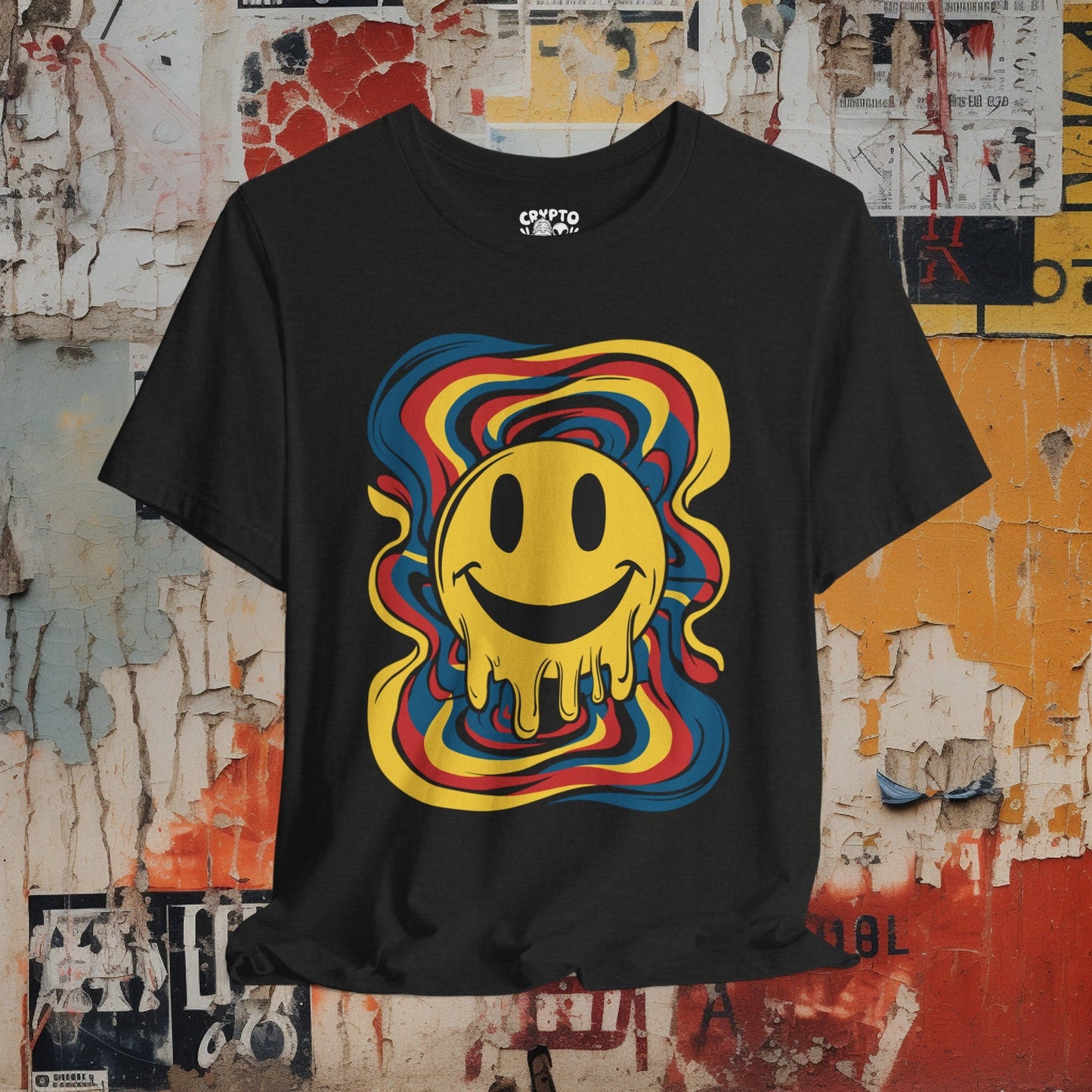 T-Shirt - Melting Psychedelic Rainbow Smiley Face | Bella+ Canvas T-shirt | Retro Tee from Crypto Zoo Tees