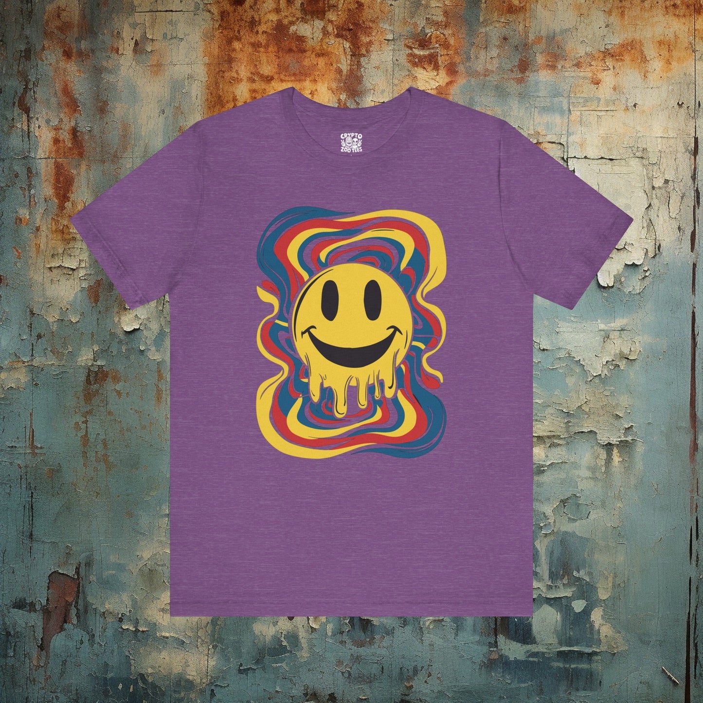 T-Shirt - Melting Psychedelic Rainbow Smiley Face | Bella+ Canvas T-shirt | Retro Tee from Crypto Zoo Tees