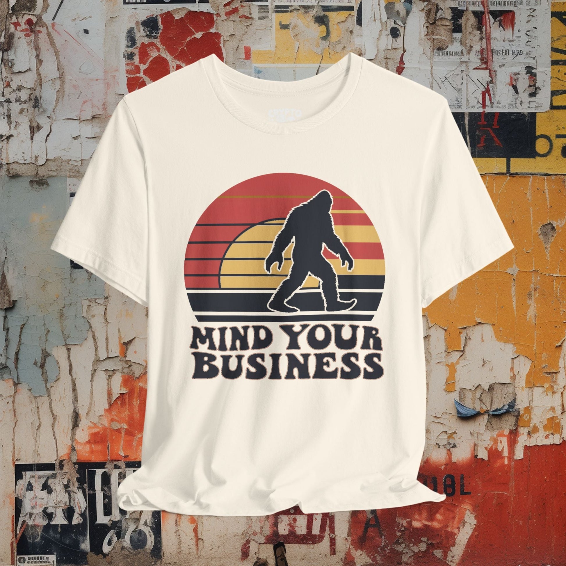 T - Shirt - Mind Your Business Retro Bigfoot | Fun Design | Bella + Canvas Unisex T - shirt from Crypto Zoo Tees