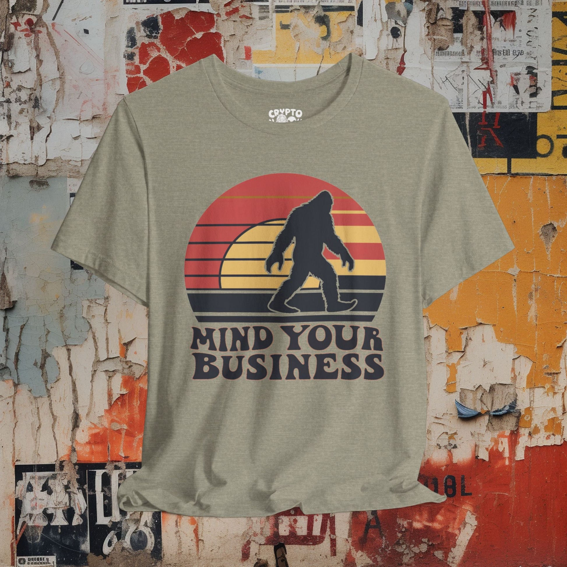 T - Shirt - Mind Your Business Retro Bigfoot | Fun Design | Bella + Canvas Unisex T - shirt from Crypto Zoo Tees