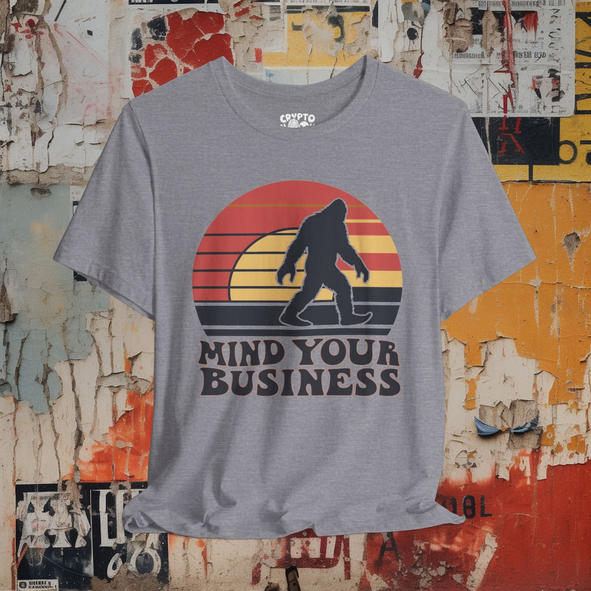 T - Shirt - Mind Your Business Retro Bigfoot | Fun Design | Bella + Canvas Unisex T - shirt from Crypto Zoo Tees