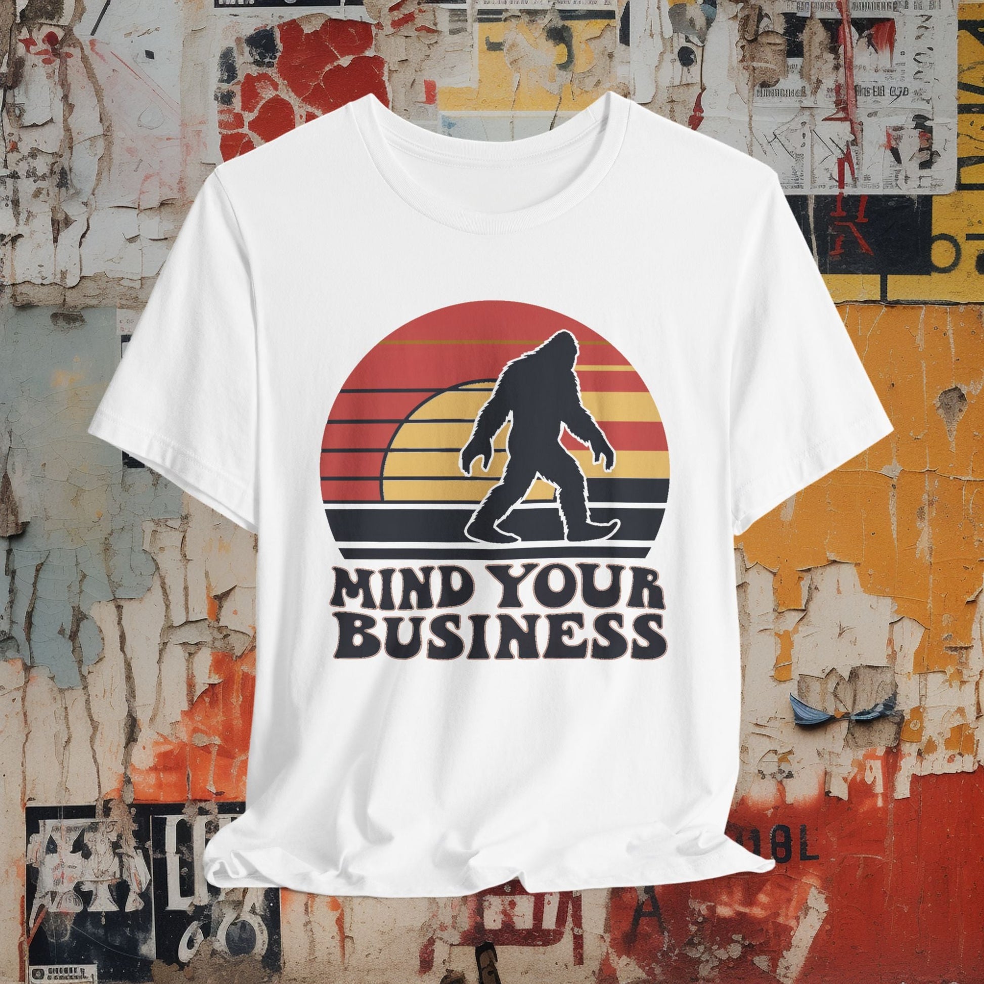 T - Shirt - Mind Your Business Retro Bigfoot | Fun Design | Bella + Canvas Unisex T - shirt from Crypto Zoo Tees