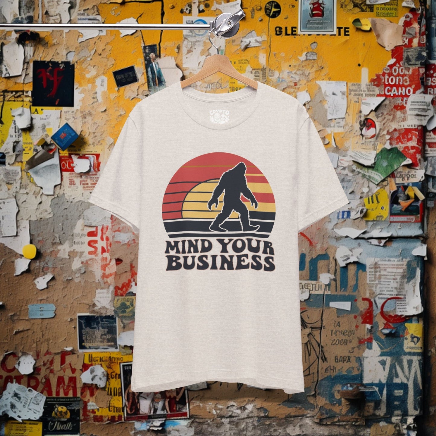 T - Shirt - Mind Your Business Retro Bigfoot | Fun Design | Bella + Canvas Unisex T - shirt from Crypto Zoo Tees