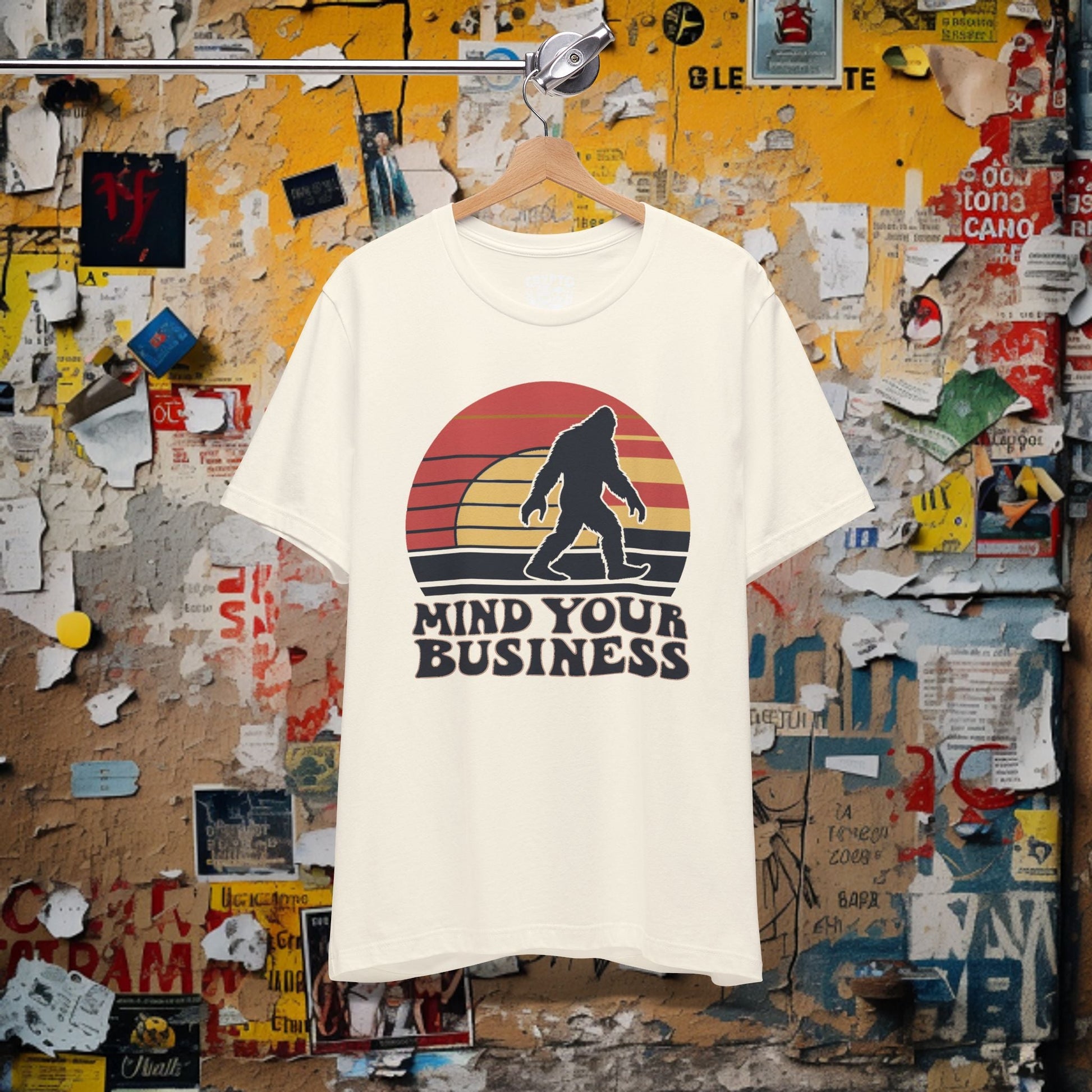 T - Shirt - Mind Your Business Retro Bigfoot | Fun Design | Bella + Canvas Unisex T - shirt from Crypto Zoo Tees