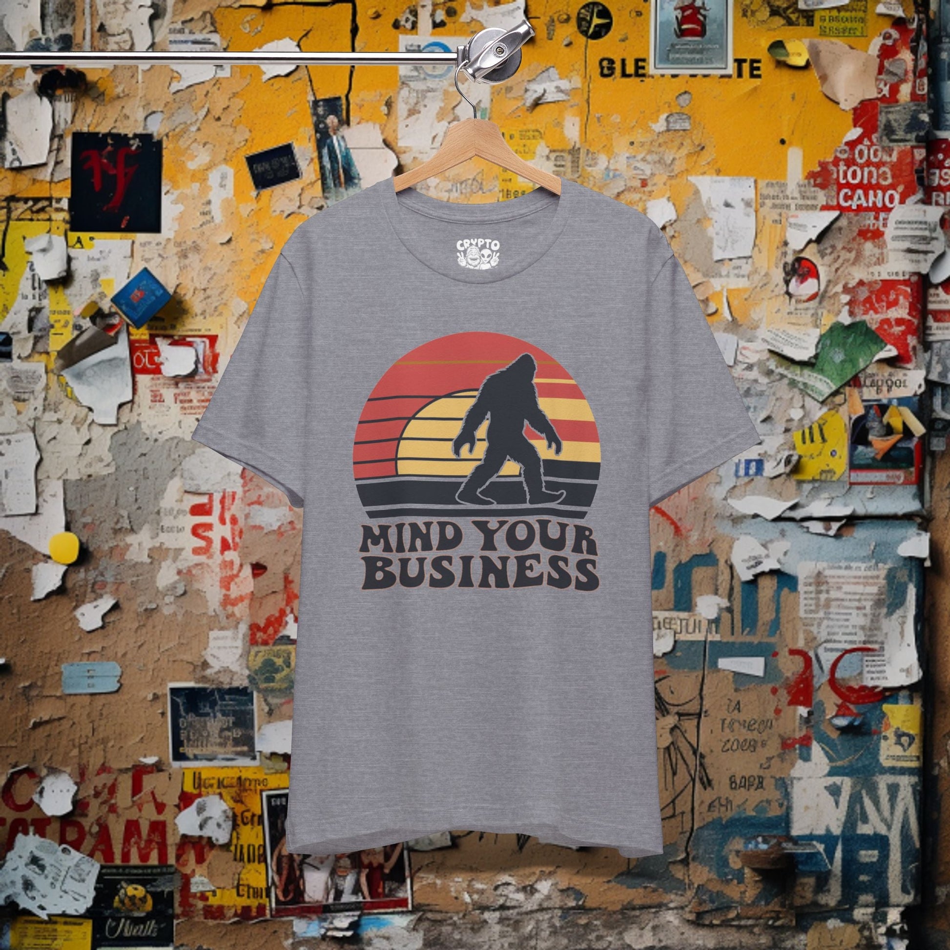 T - Shirt - Mind Your Business Retro Bigfoot | Fun Design | Bella + Canvas Unisex T - shirt from Crypto Zoo Tees