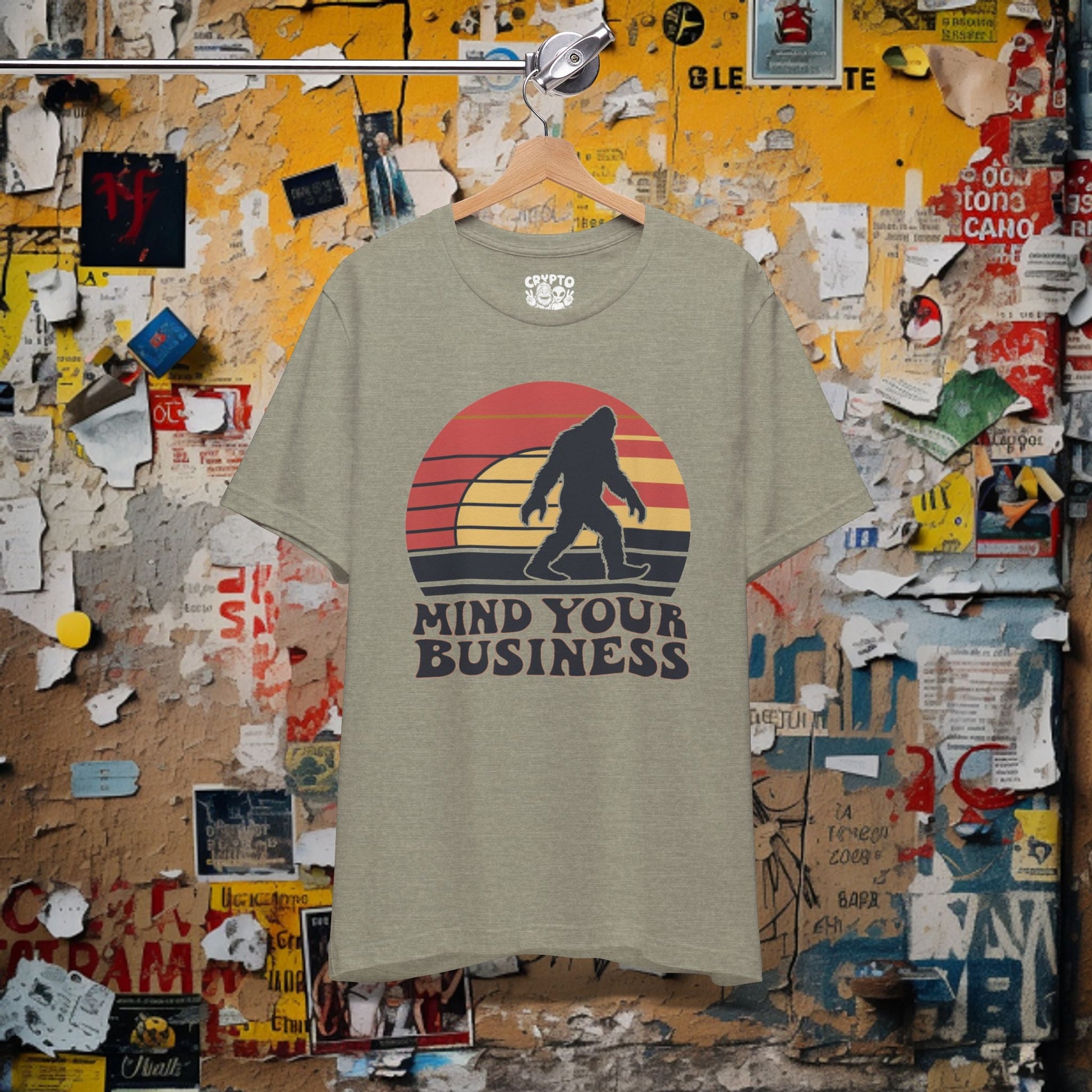 T - Shirt - Mind Your Business Retro Bigfoot | Fun Design | Bella + Canvas Unisex T - shirt from Crypto Zoo Tees