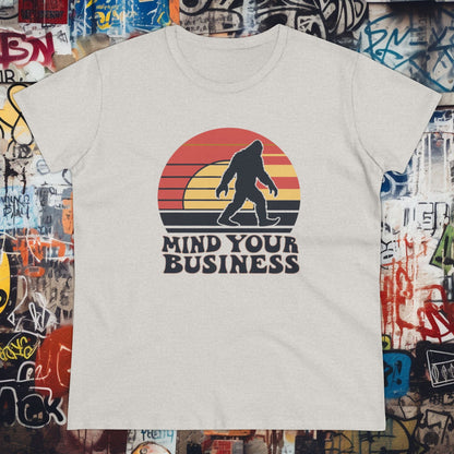 T - Shirt - Mind Your Business Retro Bigfoot | Women's T - Shirt | Cotton Tee from Crypto Zoo Tees