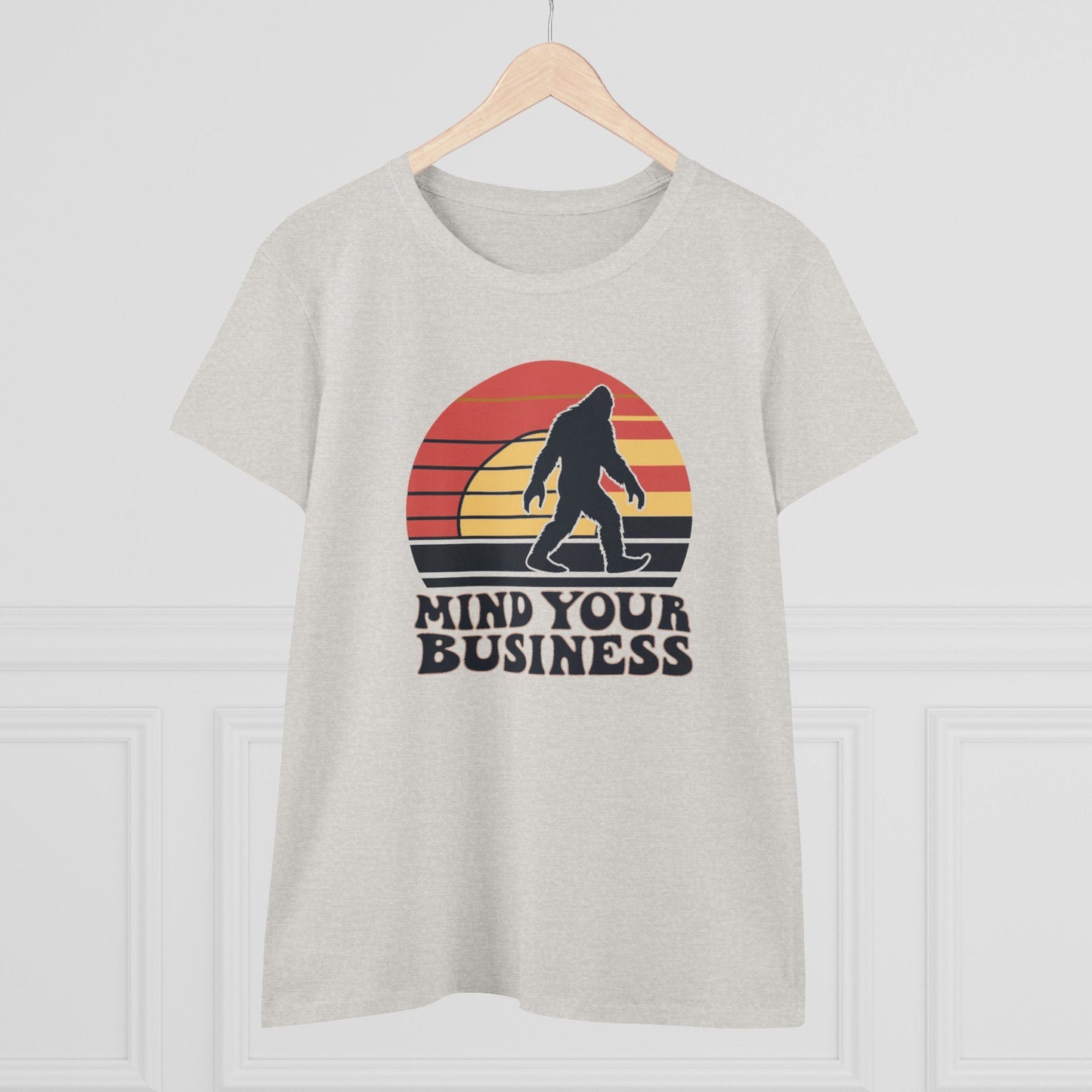 T - Shirt - Mind Your Business Retro Bigfoot | Women's T - Shirt | Cotton Tee from Crypto Zoo Tees