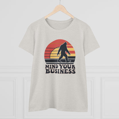 T - Shirt - Mind Your Business Retro Bigfoot | Women's T - Shirt | Cotton Tee from Crypto Zoo Tees